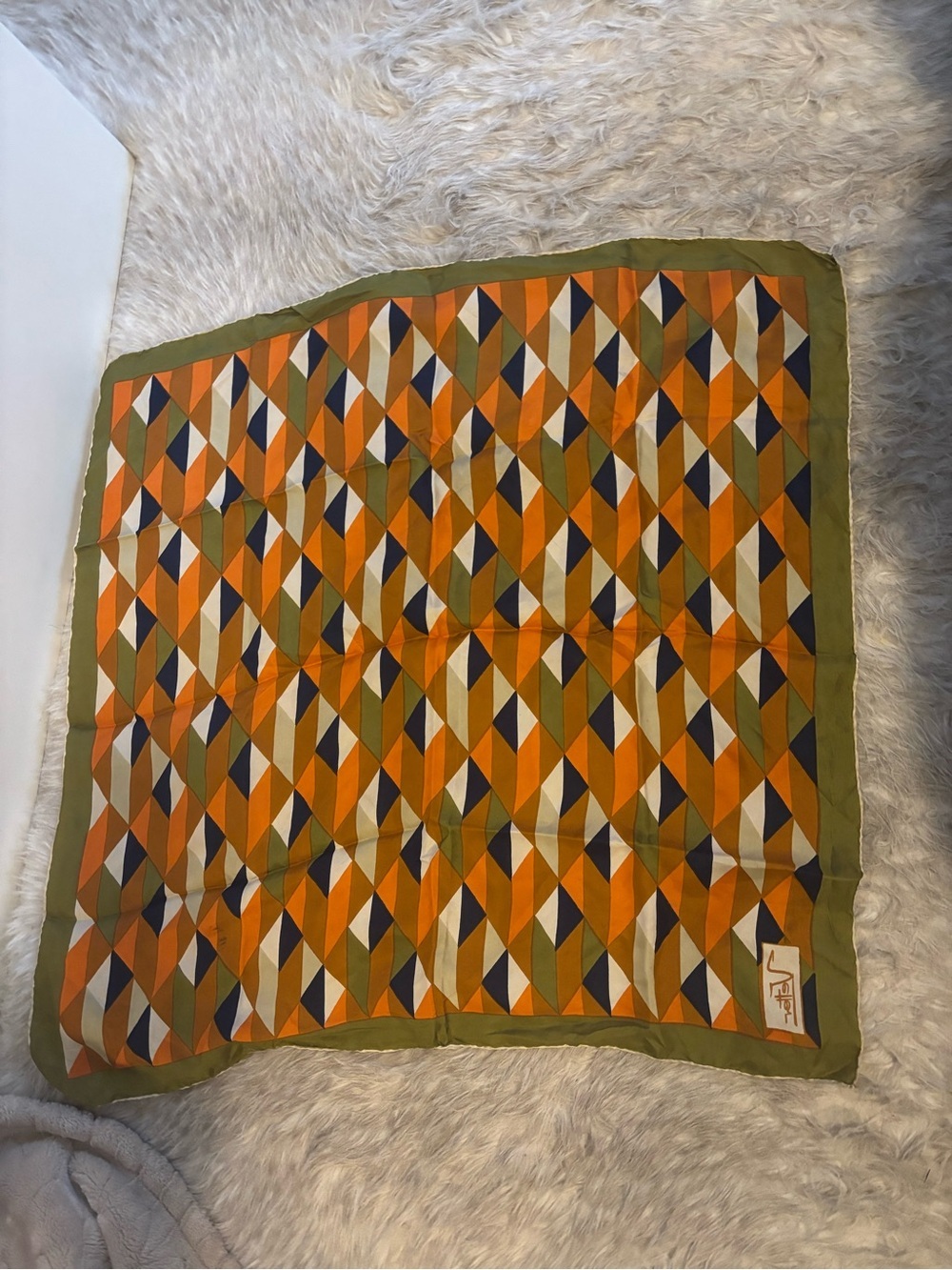 Geometric Orange & Olive Silk Square Scarf